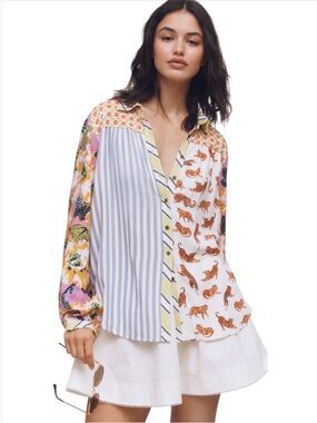 Maeve Anthropologie The Paz Buttondown Shirt Size Small Tiger Print Multicolour